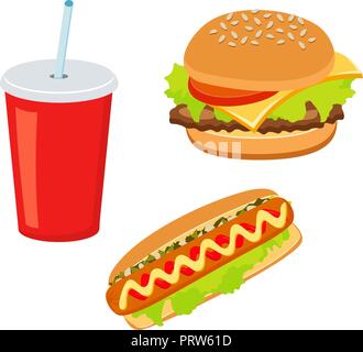 Hamburger, Hot dog, Cola trinken. Essen zum Mitnehmen. Fast food. Stock Vektor