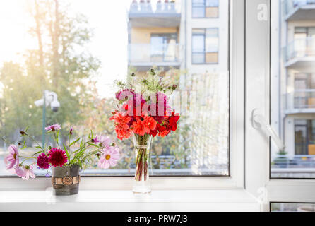 Zwei Blumensträuße von Herbst Blumen, Astern, Begonia, Cosmos, Geranium, Thistle auf einem weißen Fensterbänke vor dem Hintergrund des im Herbst Stadtbild Stockfoto