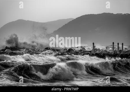 Meer Wellen am Ufer und einen kleinen Steg in der Toskana, Italien. Schwarze und Weiße, feine Art. Stockfoto