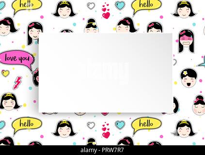 Mädchen Banner mit Anime emoji Muster. Süße Aufkleber mit emotico Stock Vektor