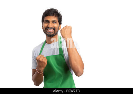 Supermarkt oder SB-Mitarbeiters, der feiern Geste mit Händen und Fäusten so enthusiastisch Konzept auf weißem Hintergrund begeistert Stockfoto