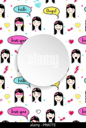 Mädchen Banner mit Anime emoji Muster. Süße Aufkleber mit emotico Stock Vektor