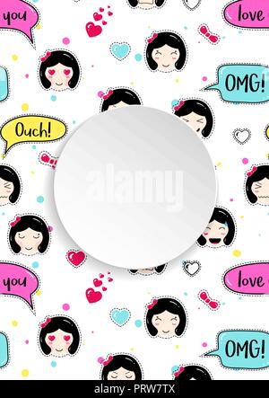 Mädchen Banner mit Anime emoji Muster. Süße Aufkleber mit emotico Stock Vektor