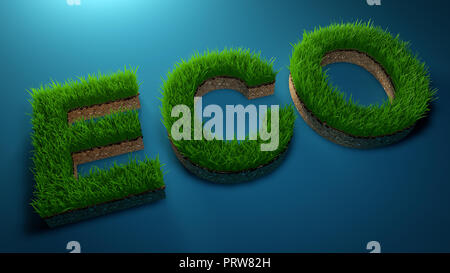 3D-rendering Eco Wort aus grünem Gras auf Gradienten blauen Hintergrund. Speichern Sie die Erde Konzept. Stockfoto