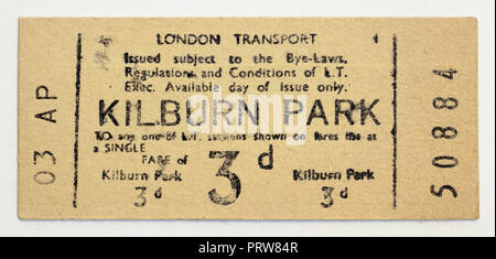 Vintage 1950s London Underground Ticket-Bahnhof Kilburn Park Stockfoto