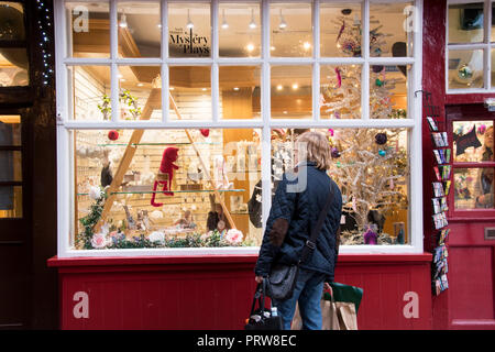 York, Großbritannien - 12 Dez 2016: eine Frau Peers durch das Fenster auf die glitzernden Weihnachten store Anzeige an das York Minster Geschenke am 12. Dez in Münster Yard Stockfoto