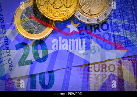 Die Euro-Banknoten und -Münzen mit Diagramm Stockfoto