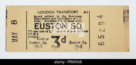 Vintage 1950s London Underground Ticket-Euston Square Station Stockfoto