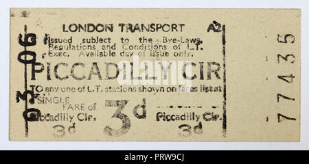 Vintage 1950s London Underground Ticket - Piccadilly Circus Station Stockfoto