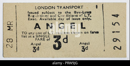 Vintage 1950s London Underground Ticket-Angel Station Stockfoto