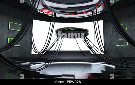 Futuristisch und Sci-Fi design Raumschiff Interieur mit leeren weißen Bildschirm Hintergrund. 3D-Illustration Rendering. Stockfoto