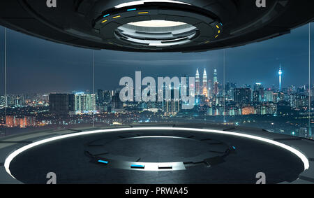 Futuristische Innenarchitektur leeren Raum Zimmer mit großen Fenstern und Stadt urbane Landschaft. 3D-Rendering und reale Bilder mixed Media. Stockfoto