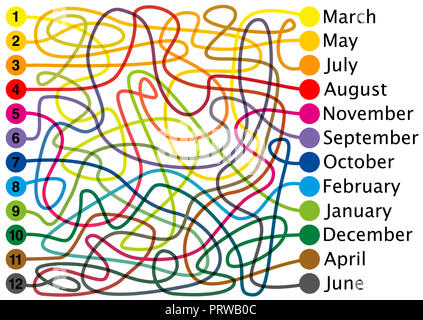 Zwölf Monate im Jahr Labyrinth. Die farbigen Linien verbinden, finden Sie den richtigen Weg durch die Wirren bunten Labyrinth von einem Ende zum anderen. Stockfoto