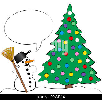 Weihnachtsbaum mit vielen bunten Weihnachtskugeln und ein Glückliches comic Schneemann mit einem leeren Blase Rede. Cartoon Illustration auf weißen backgroun Stockfoto