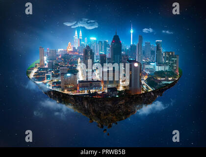 Fantasy Island, die in der Luft schweben mit modernen Skyline der Stadt und den Lake Garden, Nacht. Stockfoto