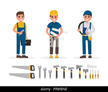 Handwerker, Klempner, Meister, Ingenieur und Erbauer Elemente Sammlung mit verschiedenen Menschen handeln. Einstellen der Arbeitnehmer und Handwerkzeuge im flachen Stil Stockfoto