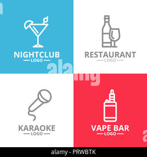 Set night club, Karaoke, Disco, cocktail Logo oder Abzeichen, Embleme, Etiketten und Abzeichen. Linienstil Stockfoto