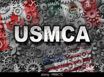 USMCA Business oder die neue NAFTA-Abkommen mit den USA Mexiko Kanada abkommen Symbol mit Nordamerika Flaggen als internationale Verhandlungen und wirtschaftlichen Stockfoto