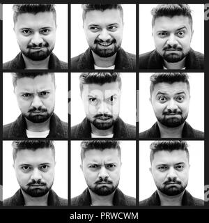 Collage von gutaussehenden jungen Mann verschiedene Emotionen ausdrücken, während gegen den weißen Hintergrund stehen Stockfoto