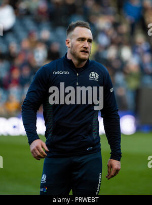 6 Nationen Schottland V England, Edinburgh, Midlothian, Großbritannien. 24,02, 2018. Bild zeigt: Schottland voll zurück, Stuart Hogg, wärmt wie Schottland spielen Wirt zu En Stockfoto