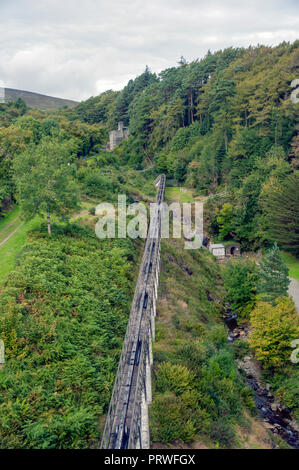 Motor Stab und Rod Viadukt von Laxey Wheel aufsteigend Glen Mooar, Laxey Isle of Man, mit Motor Haus im Hintergrund. Stockfoto