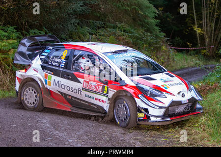 Clocaenog, UK. 4. Okt, 2018. WRC Dayinsure Wales Rally GB, Shakedown; Toyota Gazoo Racing WRT Treiber Esapekka Lappi und Co - Treiber Janne Ferm in ihren Toyota Corolla WRC Credit: Aktion plus Sport/Alamy leben Nachrichten Stockfoto