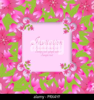 Vorlage für eine Einladung, bunte Karte mit einem Hintergrund von Blumen der Lilien. Vector Illustration. Stock Vektor