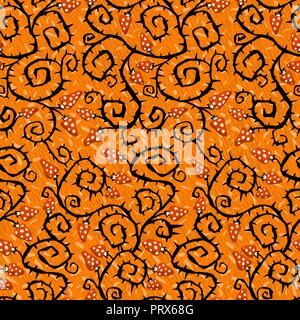 Orange Halloween Muster mit schwarzen Stacheldraht Spike Pflanzen- und Roter Amanita muscaria Pilze. Bereit zum Drucken in Stoff textile Design Stock Vektor