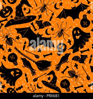 Orange Halloween Muster mit Pilzen, mit Hut, Fledermaus, Kürbis und Kerzen, Knochen und Besen. Bereit zum Drucken in Stoff textile Design Stock Vektor
