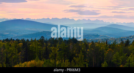 Weitwinkel panorama Herbst Wald, Misty Hills Berggipfel in pink Dawn. Stockfoto