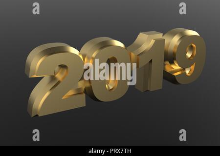Neues Jahr golden Text2019 3D Rendering auf grauem Hintergrund Stockfoto