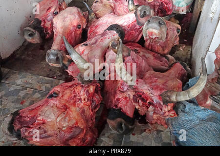 Frischen blutigen Vieh Köpfe zum Verkauf an Fleisch in öffentlichen Marktstand Stockfoto