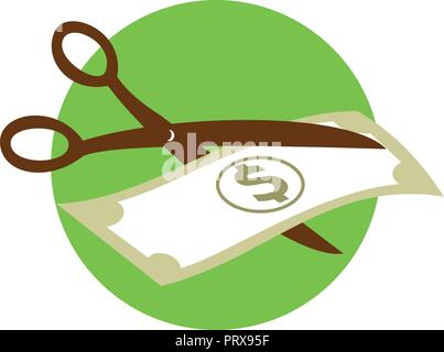 Retro Style Abbildung: Schere schneiden schneiden Dollarschein in die Hälfte Kosten schneiden auf isolierten Hintergrund zu symbolisieren. Stock Vektor
