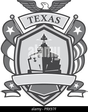 Maskottchen Symbol Abbildung: Abzeichen der ein Graustufen- oder Graustufen Texas Schlachtschiff mit American Eagle und Lone Star State Flag auf der Seite von vorne gesehen Stock Vektor