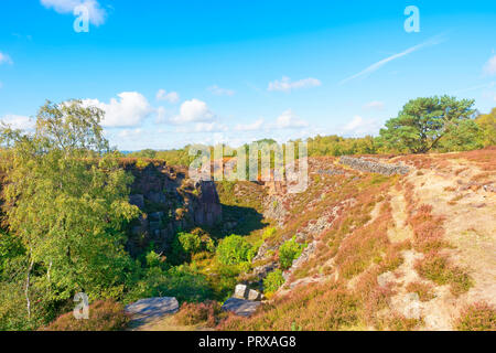 Eine alte, überwucherten, Steinbruch auf Stanton Moor in Derbyshire. Stockfoto