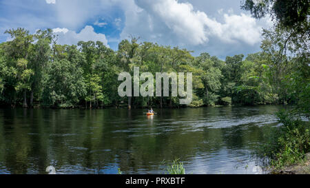 Junges Paar, Mann und Frau, Fotograf, Kajak Santa Fe River in Florida in einem gelben Kajak mit einem Wald Landschaft als Hintergrund. USA Stockfoto