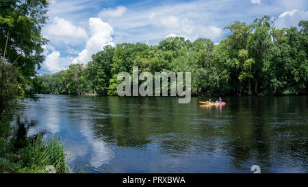 Junges Paar, Mann und Frau, Fotograf, Kajak Santa Fe River in Florida in einem gelben Kajak mit einem Wald Landschaft als Hintergrund. USA Stockfoto