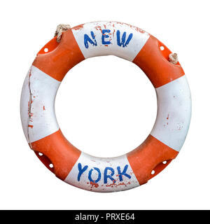 Einem urigen alten Rettungsring oder Schwimmweste von einer Fähre in New York City, USA Stockfoto