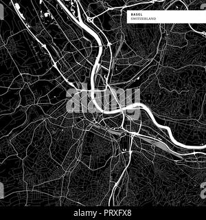 Stadtplan von Basel, Schweiz mit typischen städtischen Wahrzeichen wie Gebäude, Straßen, Wasserwege und Eisenbahnen sowie kleinere Straßen und Parks Trails. Stock Vektor