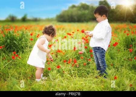 kasachische kleine Jungen und Mädchen gemeinsam spielen im Sommerpark Stockfoto