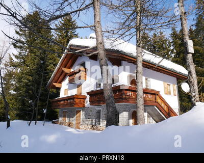 Snowed-under alpine Chalet Haus in San Bernardino im Winter, mit Nadelbäumen umgeben, Graubünden, Schweiz Stockfoto
