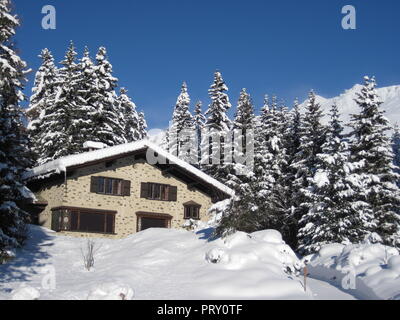 Snowed-under Haus in Lenzerheide im Winter, mit Nadelbäumen und die Berge im Hintergrund, Graubünden, Schweiz Stockfoto