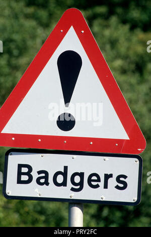 Europäischen Dachs (Meles meles) Warnschild/street sign in England, Großbritannien Stockfoto