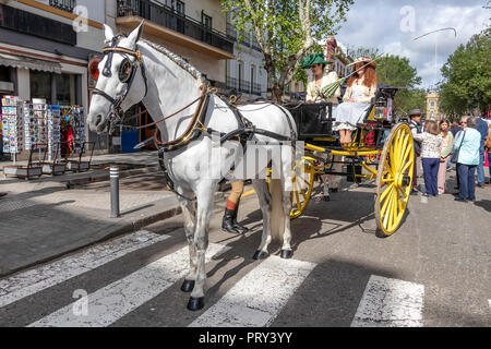 Sevilla, Spanien - 15 April, 2018: Frauen trägt die traditionelle spanische dress up mit Pamela hat in einer Kutsche in Sevilla April Messe (Feria Stockfoto