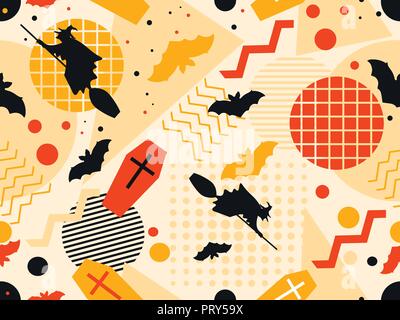 Halloween nahtlose Muster in Memphis Stil. Hexen auf einem Besen mit Fledermäusen und geometrischen Figuren. Vector Illustration Stock Vektor