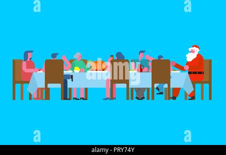 Weihnachten mit der Familie essen und Santa. Großer Tisch. Red Caps. Urlaub Mittagessen ins neue Jahr. Vater und Mutter. Großmutter und Großvater. Verwandte fest Stock Vektor