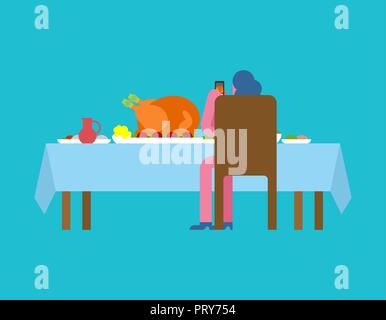 Thanksgiving Day. Frau Foto Türkei auf Tisch. Stock Vektor