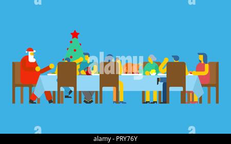 Weihnachten mit der Familie essen und Santa. Großer Tisch. Red Caps. Urlaub Mittagessen ins neue Jahr. Vater und Mutter. Großmutter und Großvater. Verwandte fest Stock Vektor