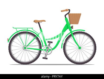 Süße Frauen s Bike mit niedrigem Rahmen und Korb vor. Vintage Fahrrad. Vector Illustration im flachen Stil Stock Vektor