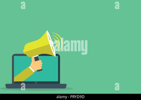 Flaches Design business Vector Illustration Konzeption Text für esp Web Banner Werbemittel mock up Vorlage. Die menschliche Hand aus PC-Moni Stock Vektor
